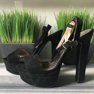 Qupid Black Suede Platform Strappy Heels